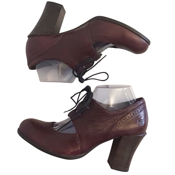 Born 9 Rosel Leather Laced Chunky Block Heels Burgundy Wine Academia Trendy - Picture 1 of 14